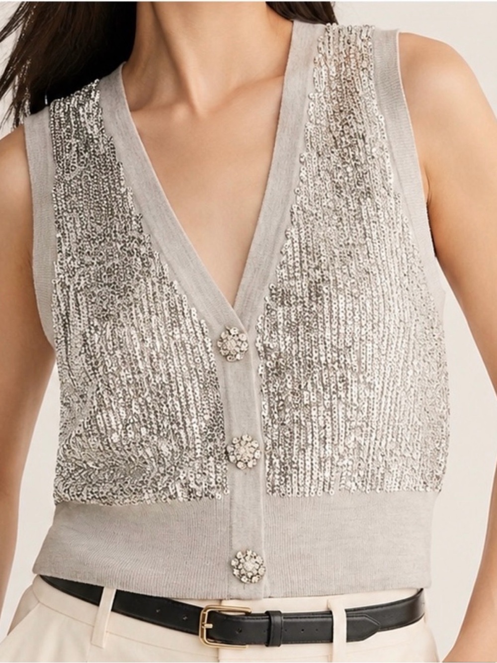 New J. Crew Silver Sequin V‑Neck Tank with Crystal Buttons
